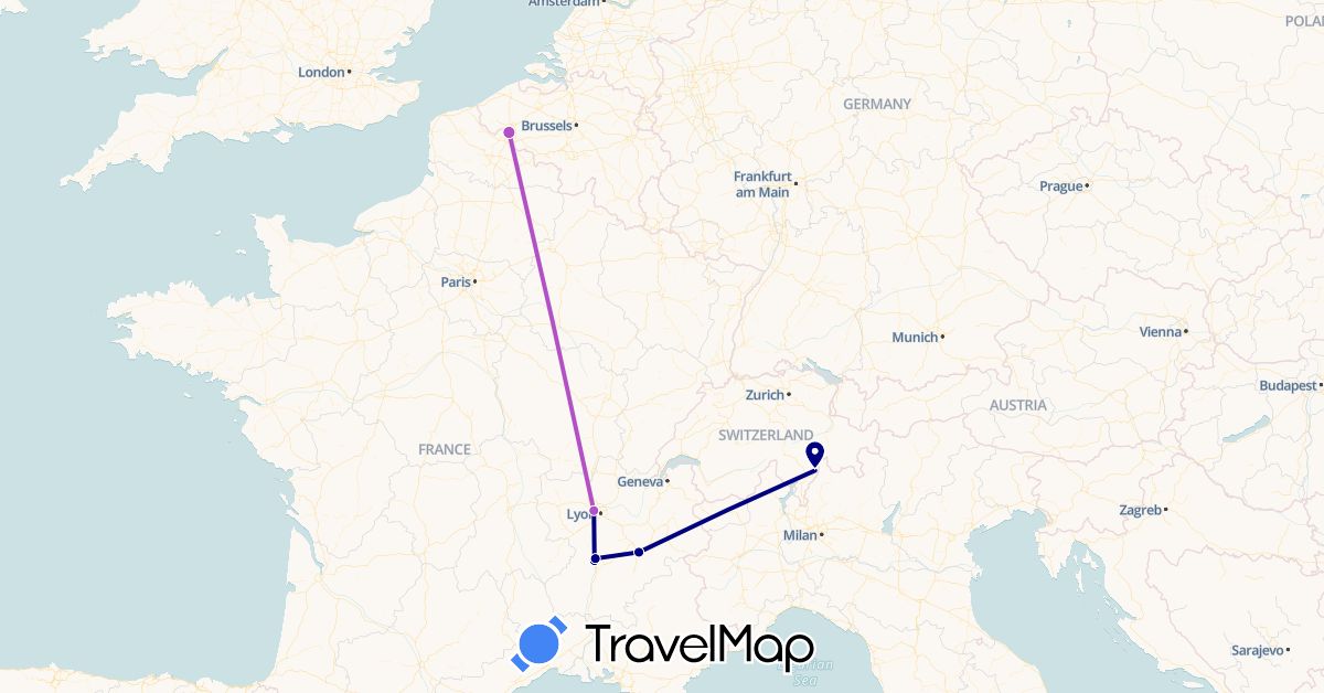 TravelMap itinerary: driving, train in Switzerland, France (Europe)
