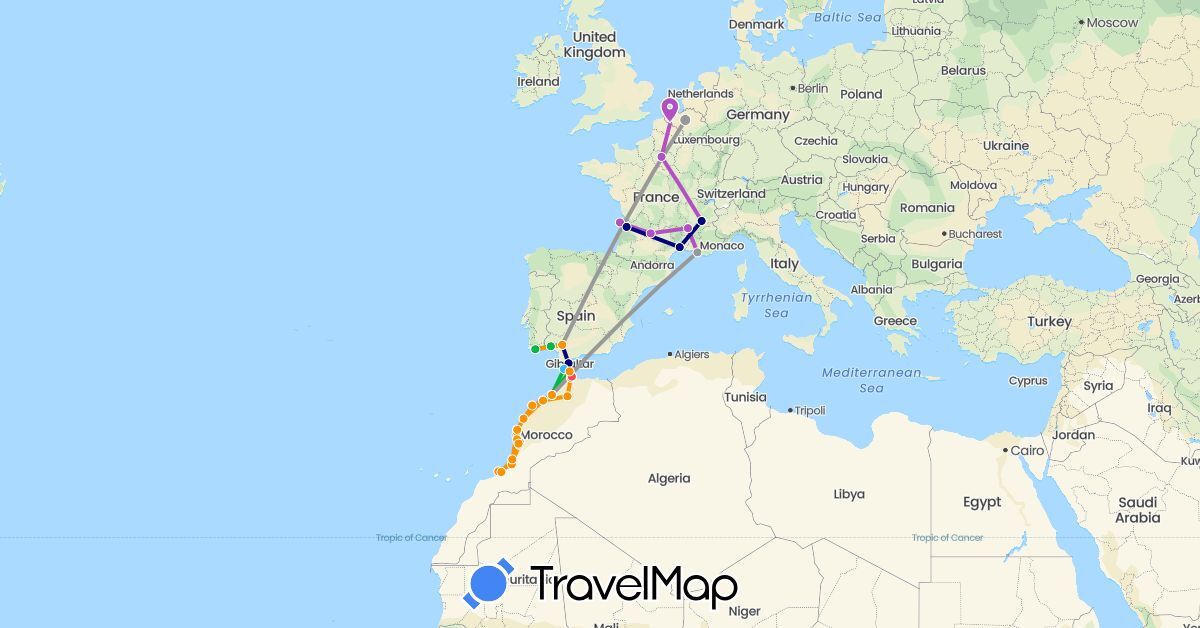 TravelMap itinerary: driving, bus, plane, train, hiking, boat, hitchhiking in Belgium, Spain, France, Morocco, Portugal (Africa, Europe)